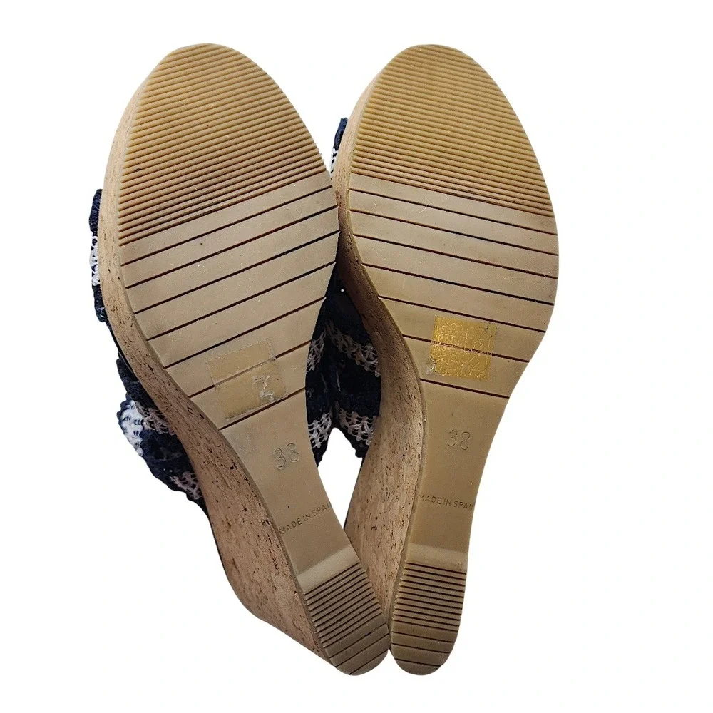 LK‎ Bennett Cork Wedge Sandals 38 7 Womens Navy Blue White Striped Crochet Spain